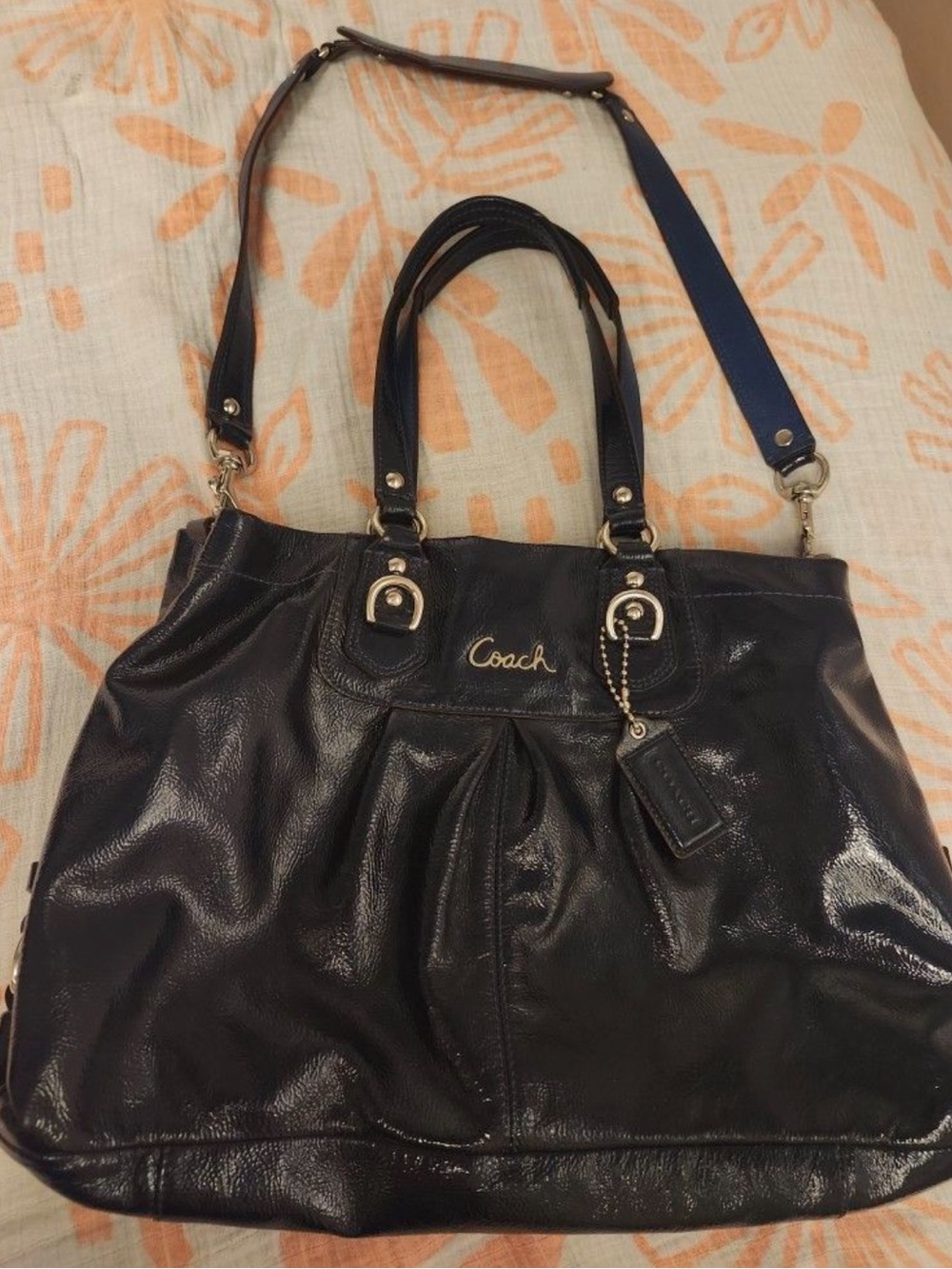 Coach Dark Navy Blue Leather Shoulder Tote with Detachable Strap